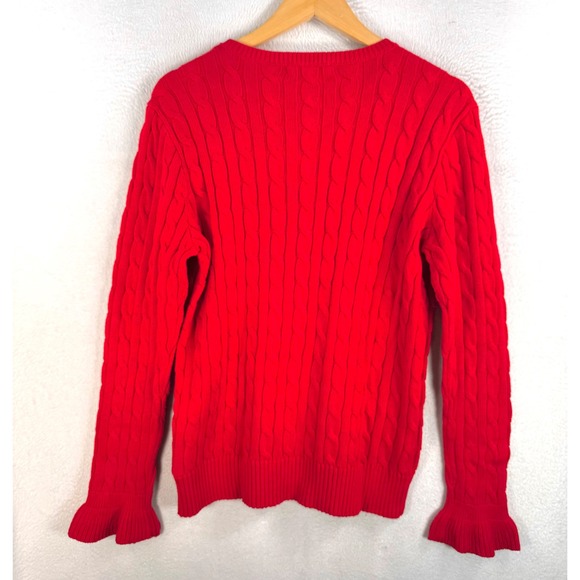 Lauren Ralph Lauren Red Cable Knit Ruffle Cuff Sweater preppy academia sz XL - Picture 4 of 9